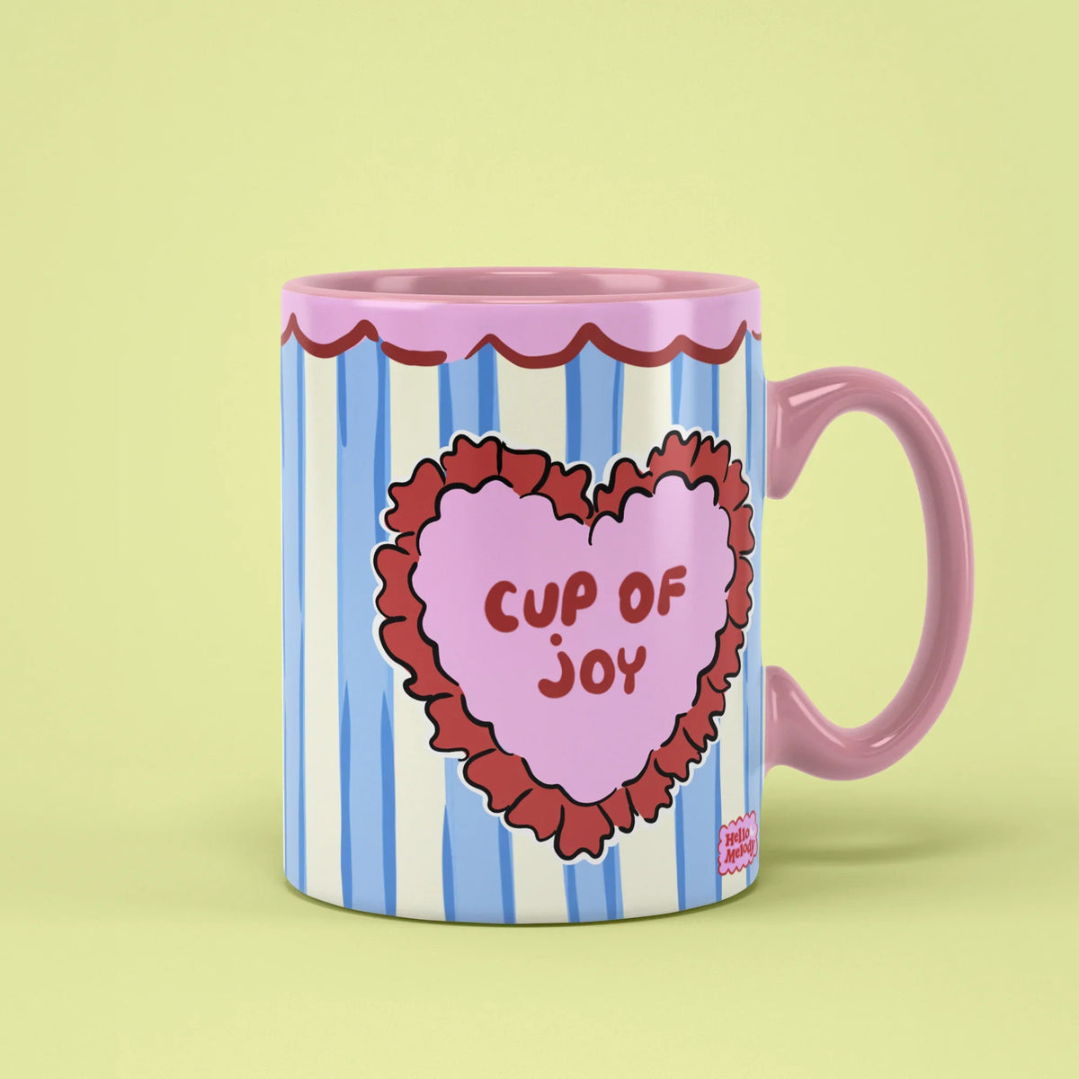Joy Mug – Pour Some Joy heart on blue stripes, pink handle on right