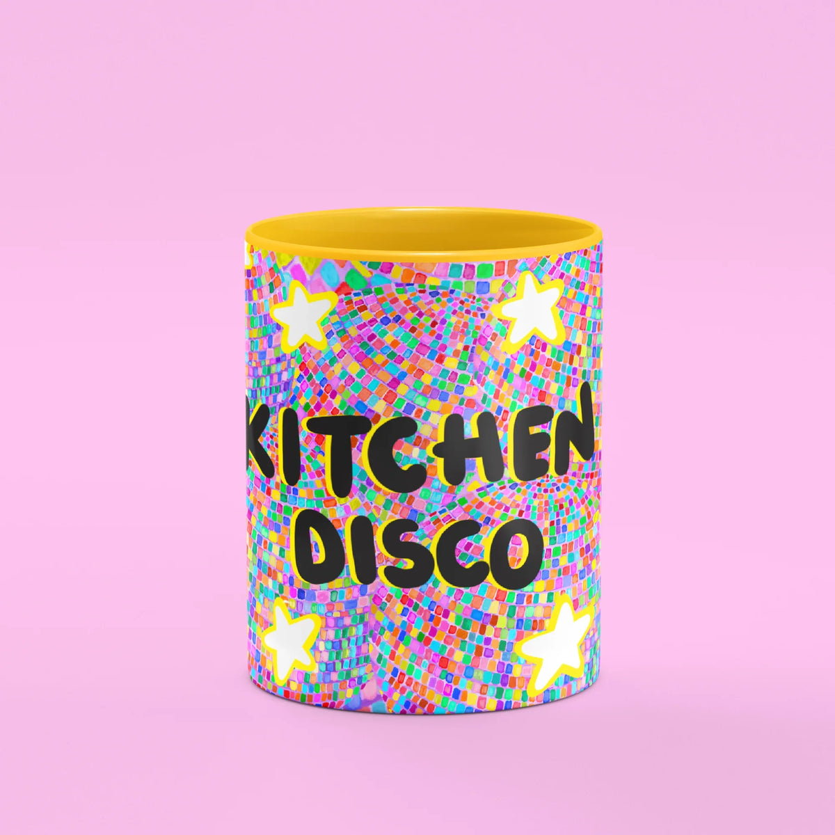 Kitchen Disco Mug – front view of Kitchen Disco lettering with stars