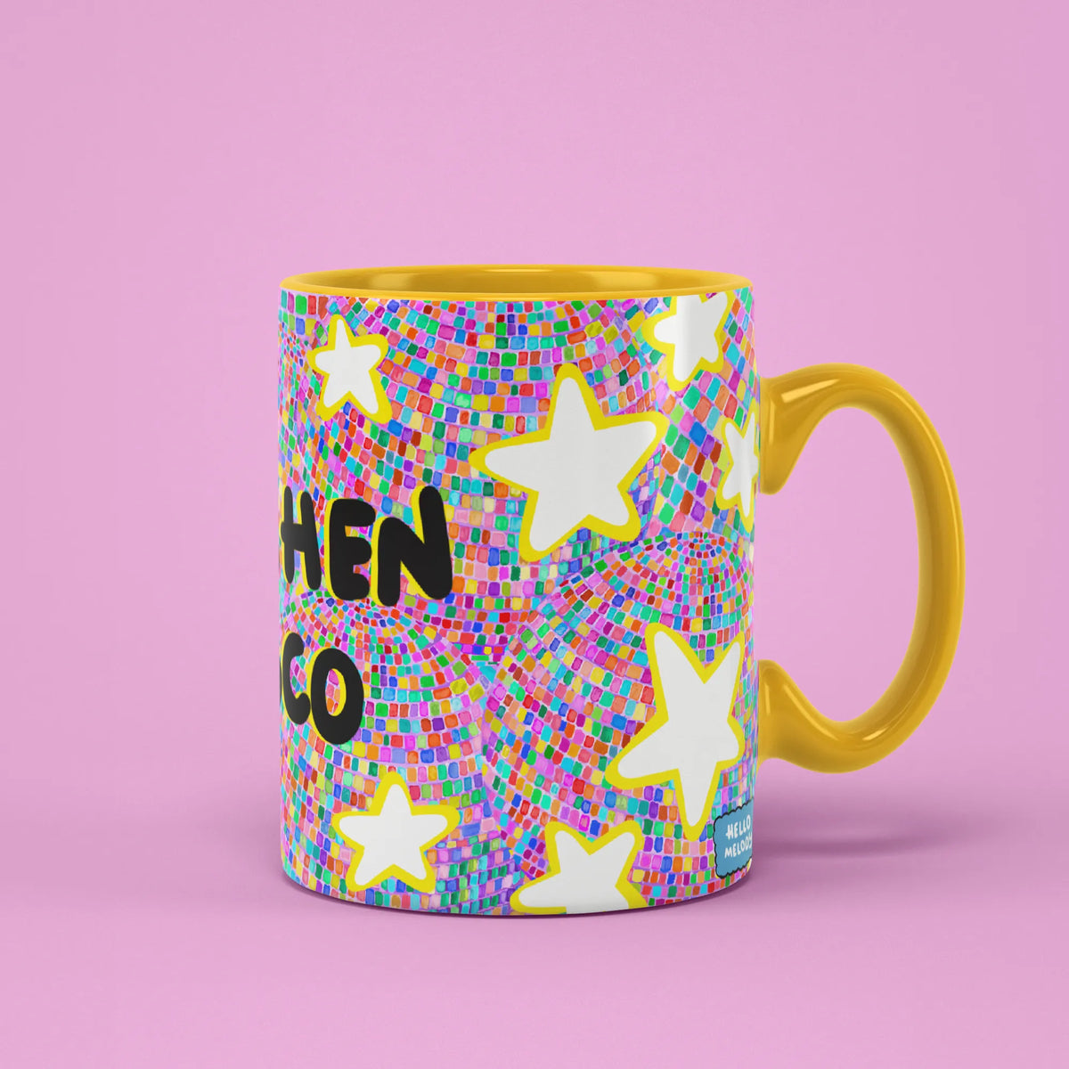 Kitchen Disco Mug – glitterball dots and stars, yellow handle on right