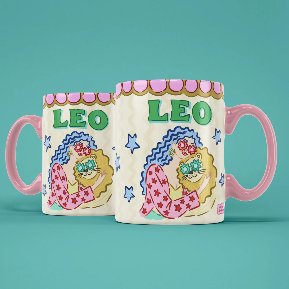 Two Leo star sign mugs showing a blue-haired figure cuddling a flower-covered lion