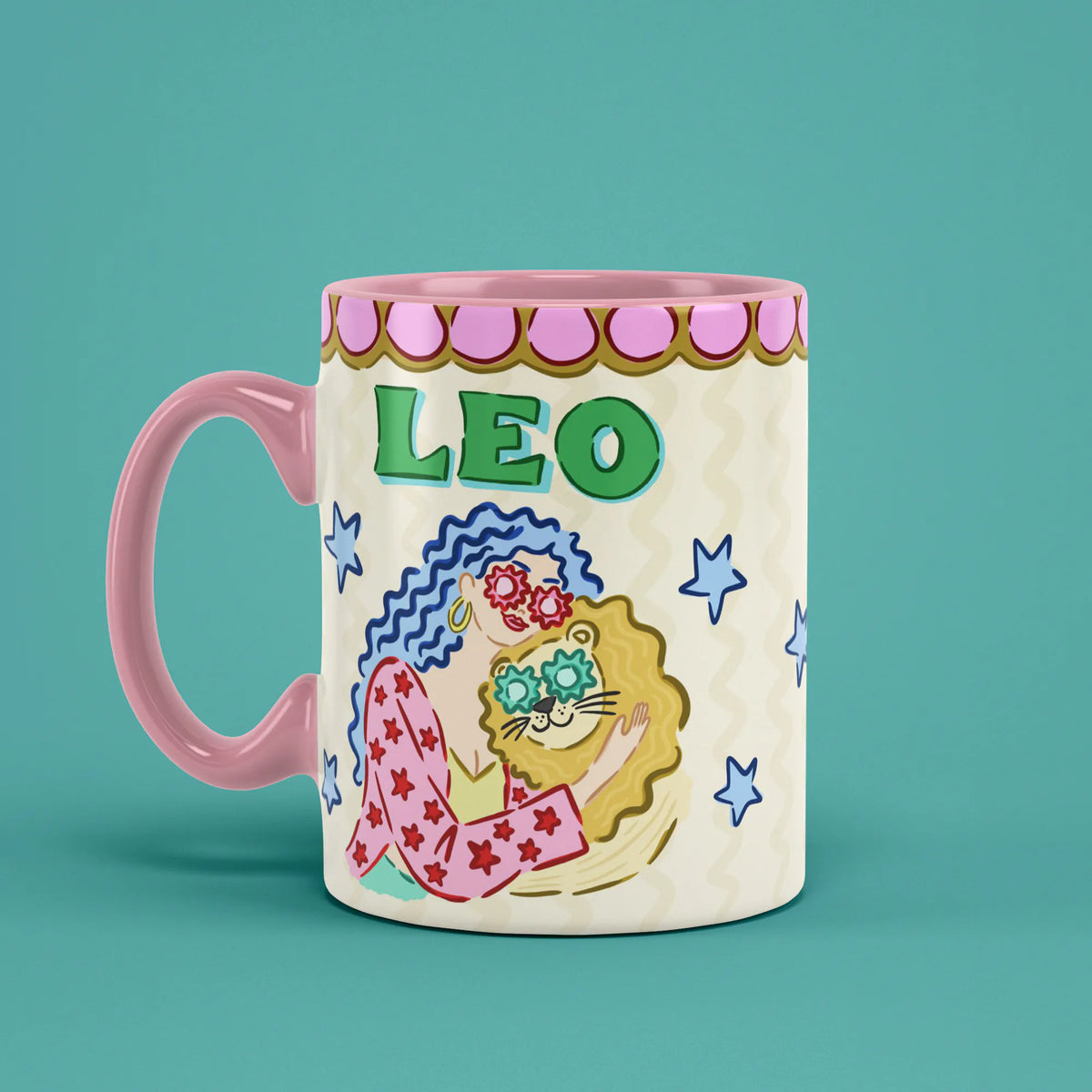 Leo astrology mug angled left with blue stars and floral lion artwork