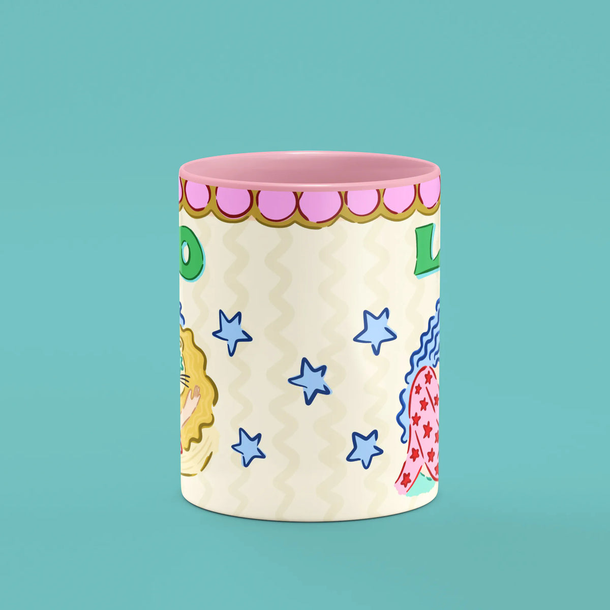 Leo mug reverse view showing blue stars and floral lion artwork and pink handle