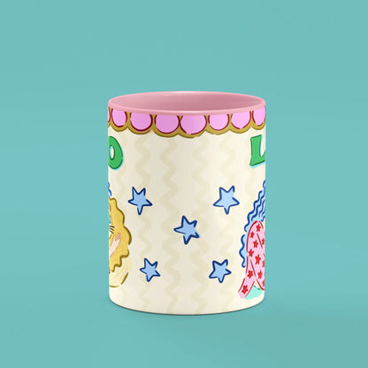 Leo mug reverse view showing blue stars and floral lion artwork and pink handle