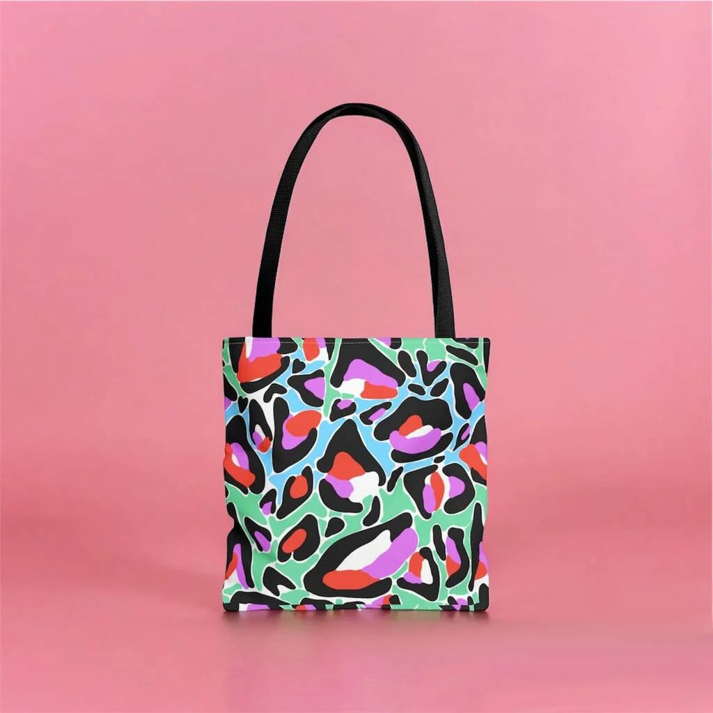 Leopard Tote Bag with colourful abstract leopard print and black handles