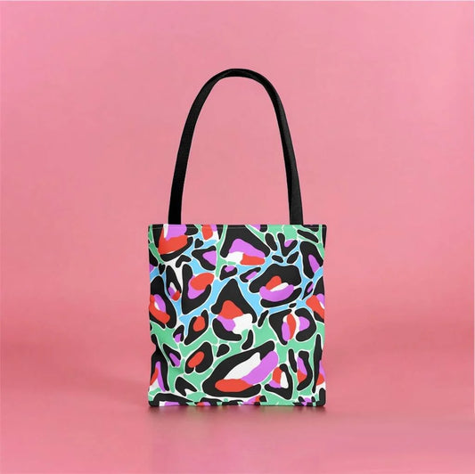 Leopard Tote Bag with colourful abstract leopard print and black handles