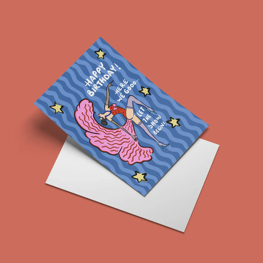 Let the Show Begin Card – angled view with envelope
