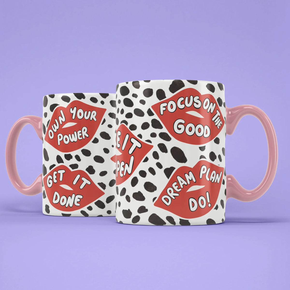 Lips Mug – two mugs showing front and back of the empowering design