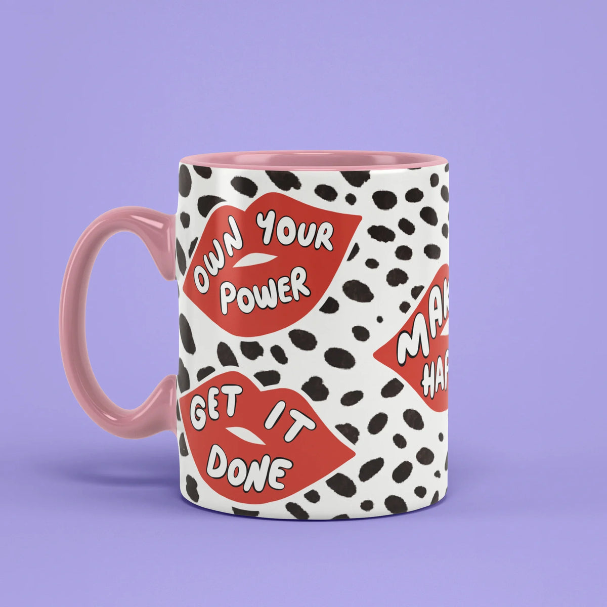 Lips Mug – slogan cup with pink handle on left