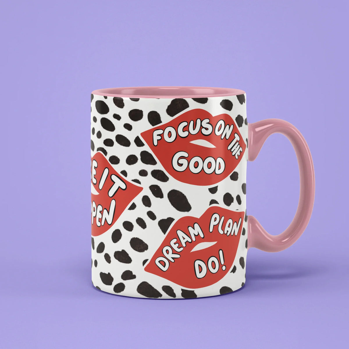 Lips Mug – red lips slogans on dalmatian print, pink handle on right
