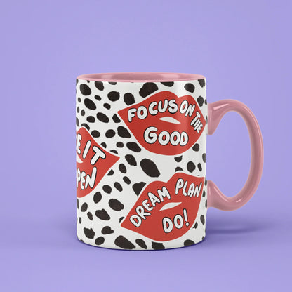 Lips Mug – red lips slogans on dalmatian print, pink handle on right