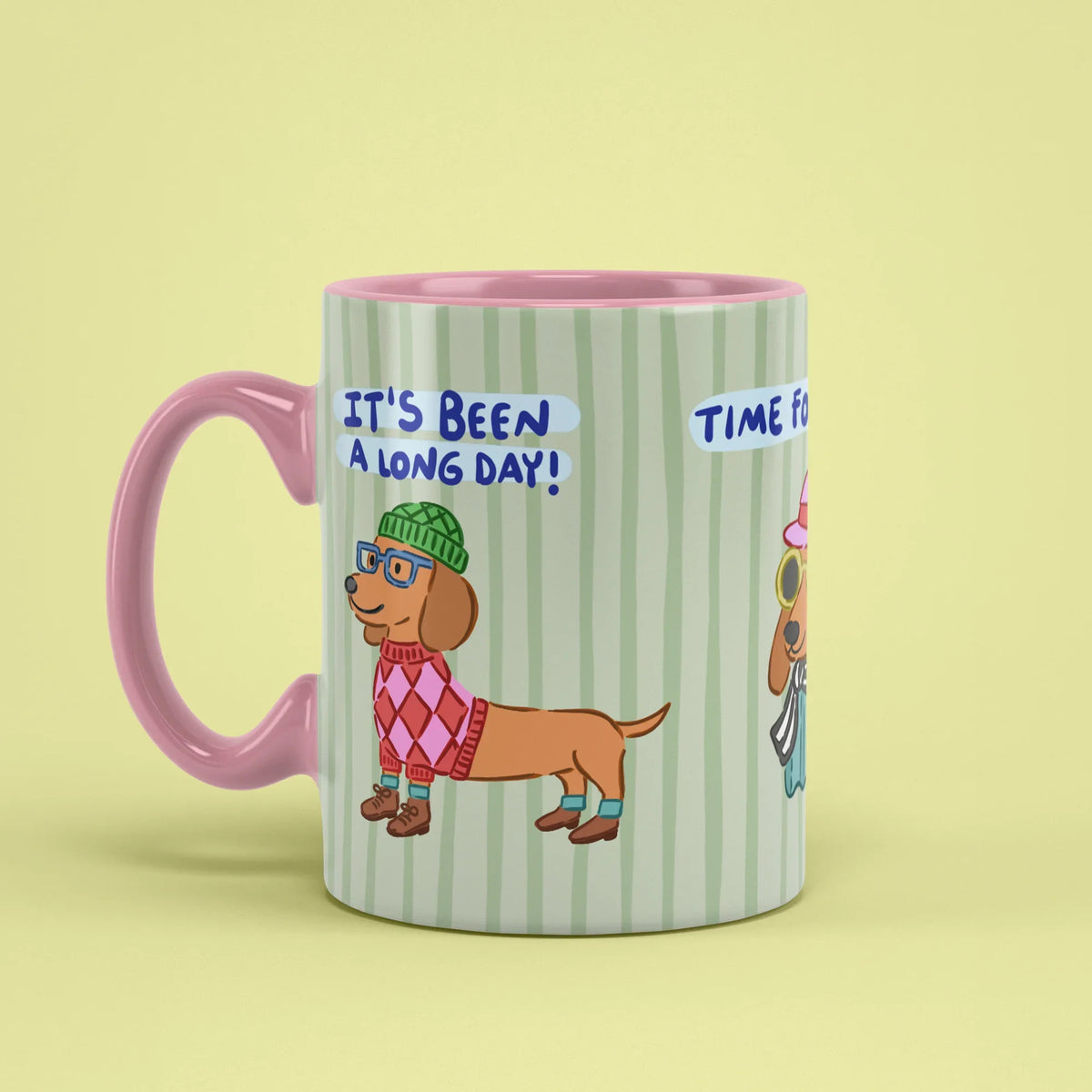 Long Day Mug – funny after-work cup with pink handle on left
