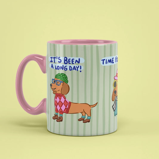 Long Day Mug – funny after-work cup with pink handle on left