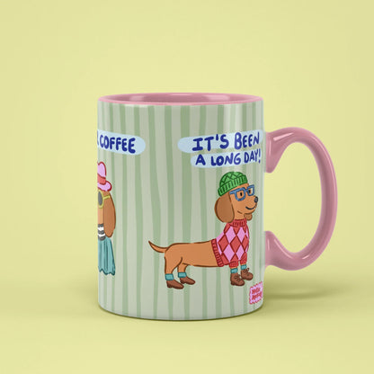 Long Day Mug – dachshund and coffee quote, pink handle on right