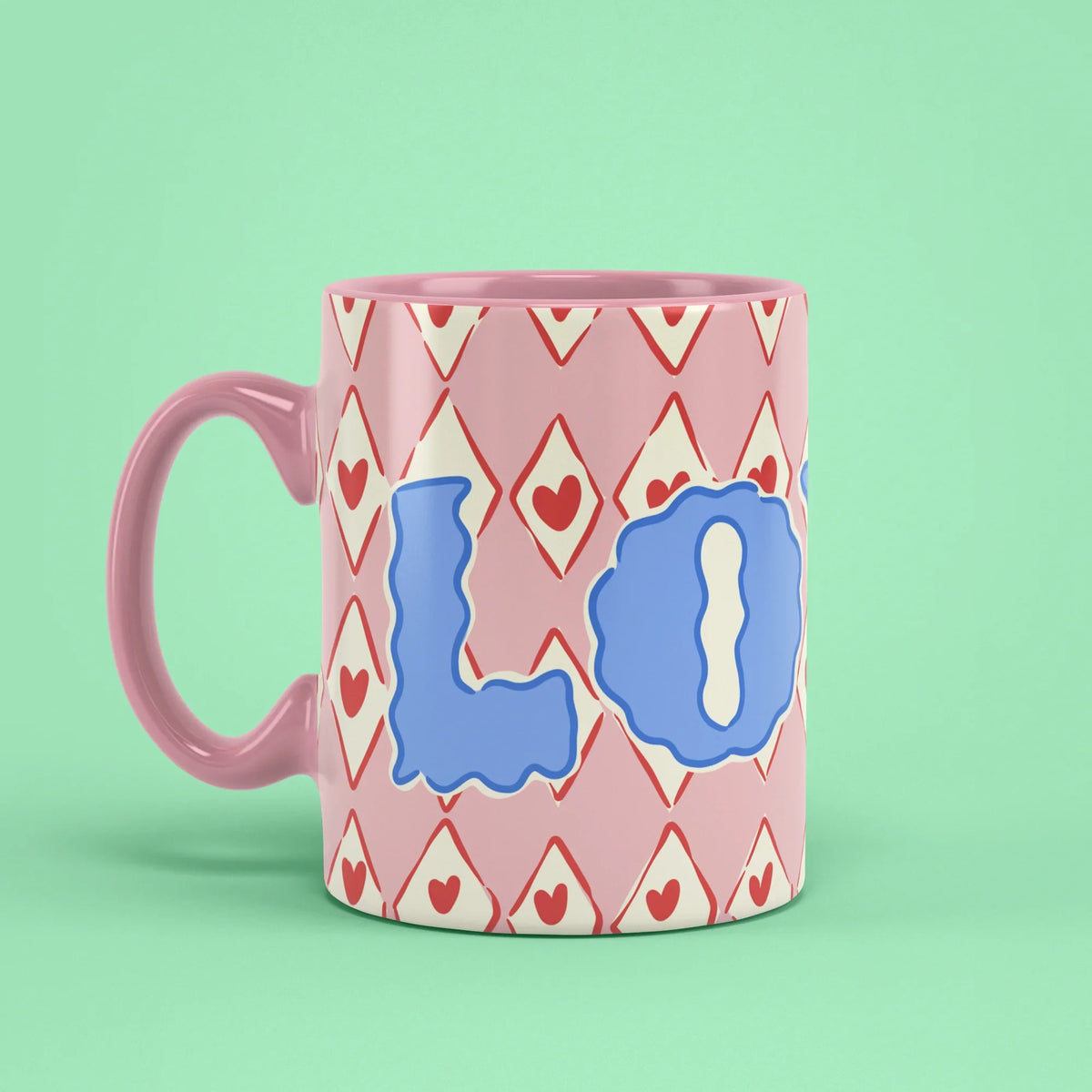 Love Mug – Valentine cup with pink handle on left
