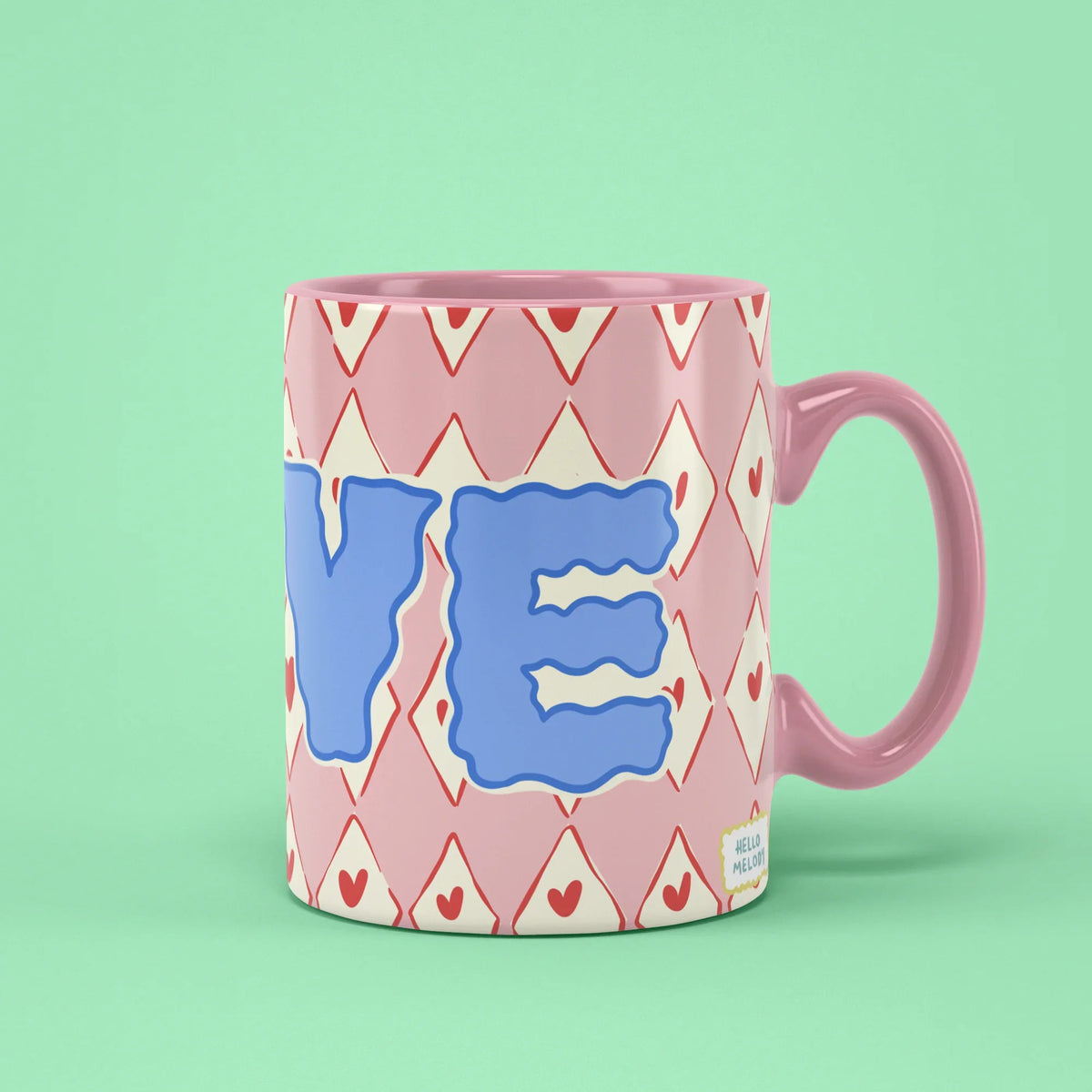 Love Mug – bold Love lettering on harlequin pink, pink handle on right