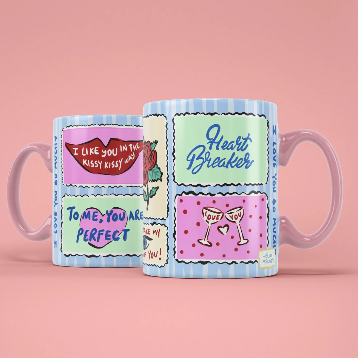Love Stamps Mug – two mugs showing front and back of the stamp design