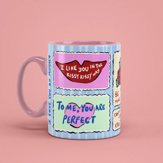 Love Stamps Mug – Valentine cup with pink handle on left