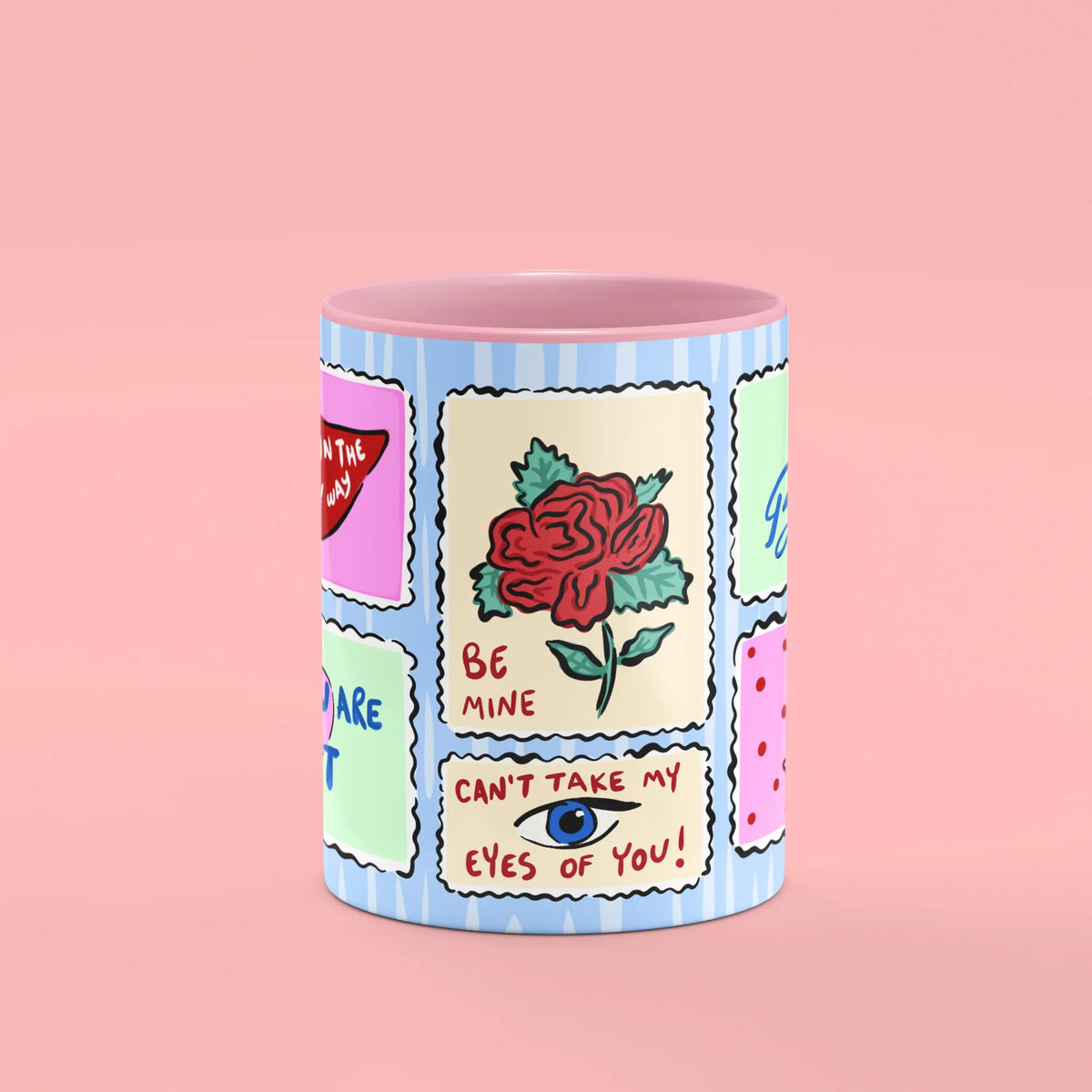Love Stamps Mug – front view of heart breaker and love stamps
