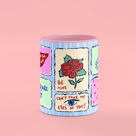 Love Stamps Mug – front view of heart breaker and love stamps