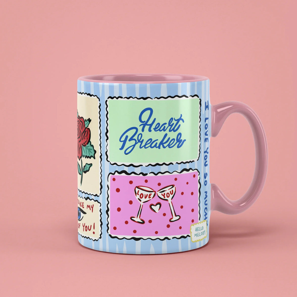 Love Stamps Mug – postage stamp romance illustrations, pink handle on right