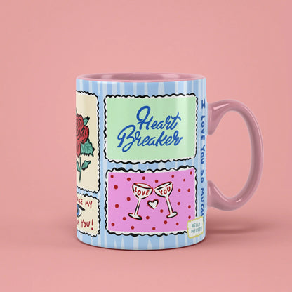 Love Stamps Mug – postage stamp romance illustrations, pink handle on right