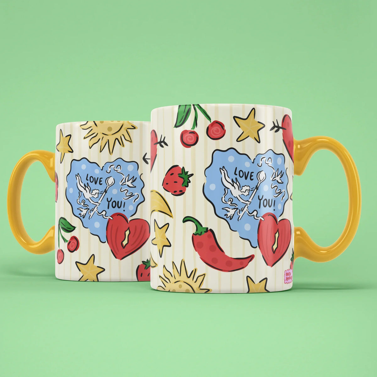 Love You Mug – two mugs showing the front and back of the fruit and cherub design