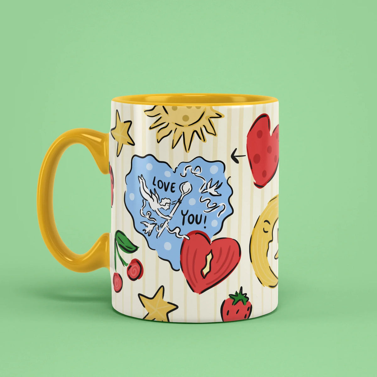 Love You Mug – sleepy moon and sun detail, yellow handle on left