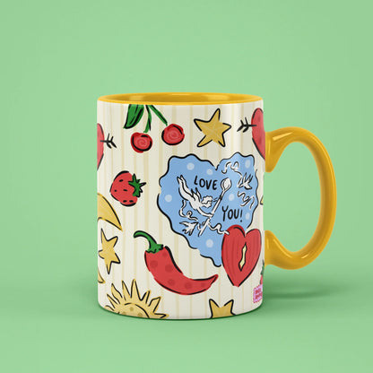 Love You Mug – cherub speech bubble with strawberries and cherries, yellow handle on right