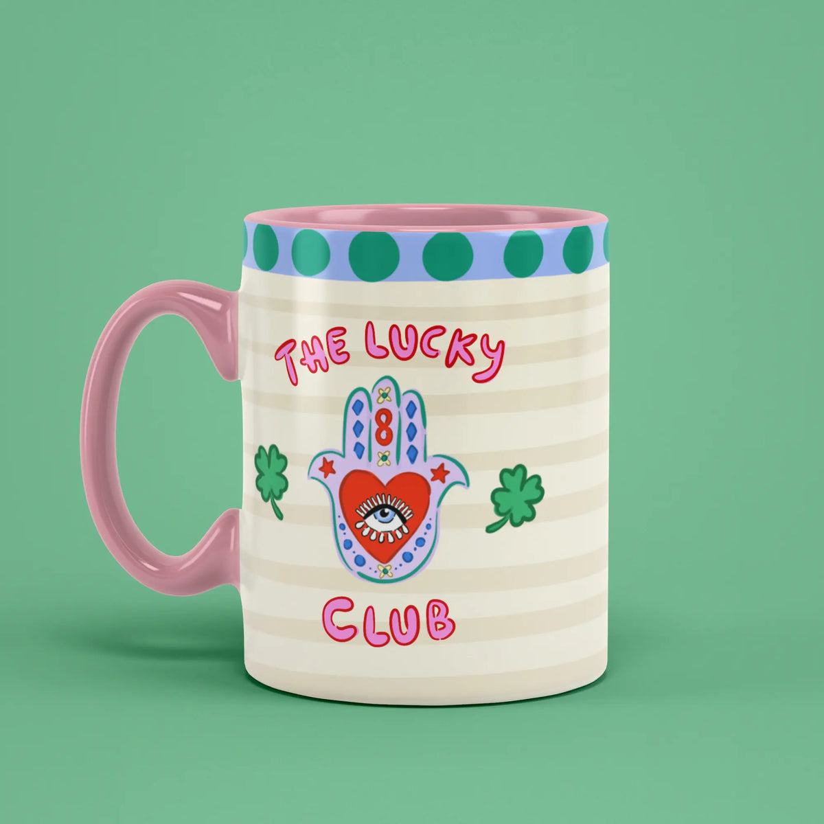 Lucky Club Mug with lucky symbols and a pink handle on the left