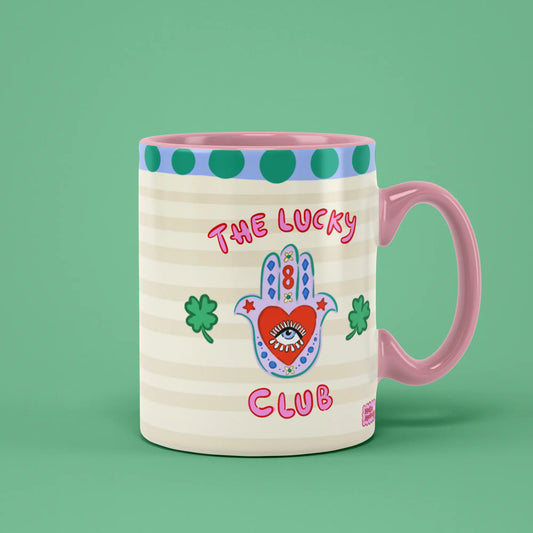 Lucky Club Mug with a colourful lucky charm and a pink handle