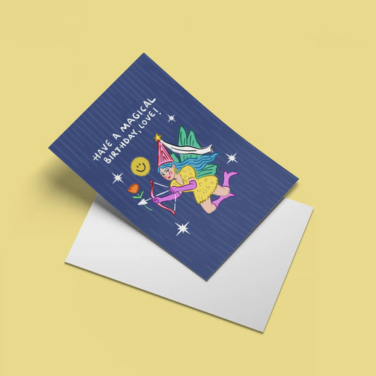 Magical Birthday Card – angled view with envelope