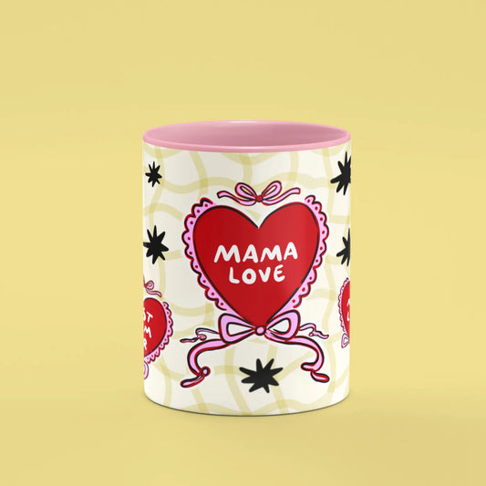 Front view of the Mama Love Mug showing Mama Needs Coffee, Mom Life and Super Mom hearts