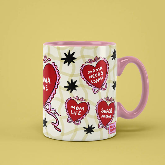 Mama Love Mug with heart-shaped mum affirmations and a pink handle