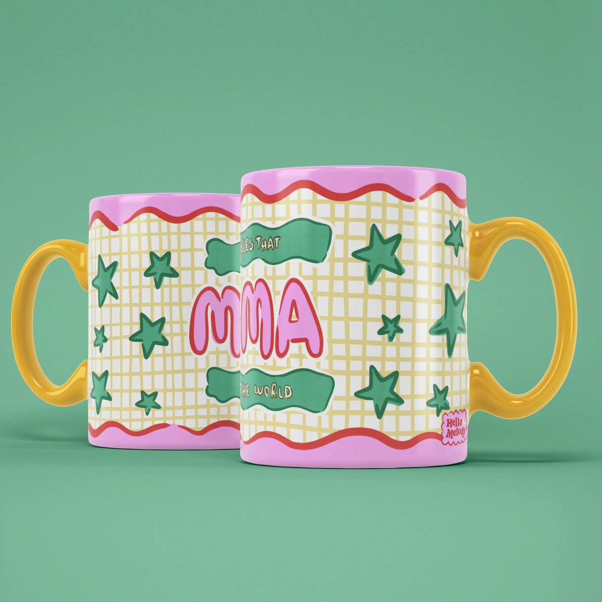 Two Mama mugs showing both sides of the colourful patchwork design