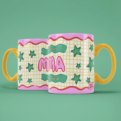 Two Mama mugs showing both sides of the colourful patchwork design