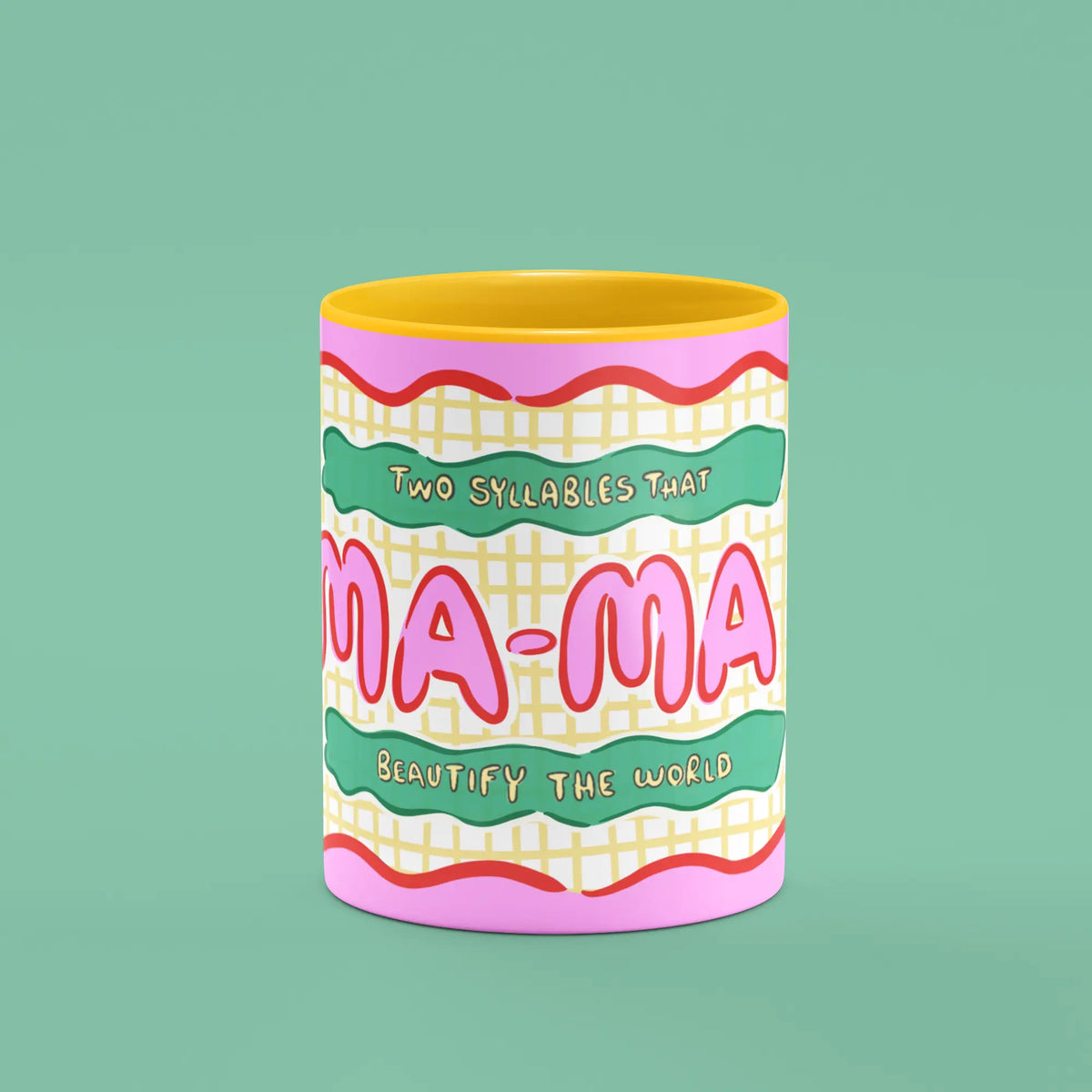 Front view of the Mama Mug showing colourful Mama lettering and playful patterns