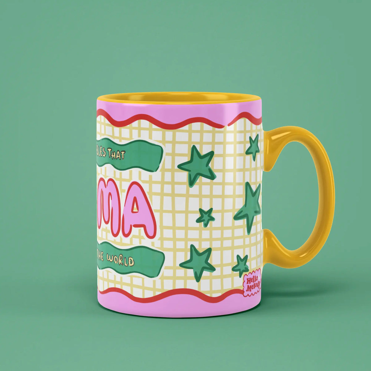 Mama Mug with bold pink lettering, green stars and a yellow handle