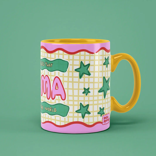 Mama Mug with bold pink lettering, green stars and a yellow handle