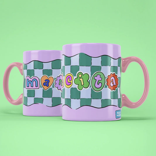Mamacita Mug shown from both sides with lilac trim