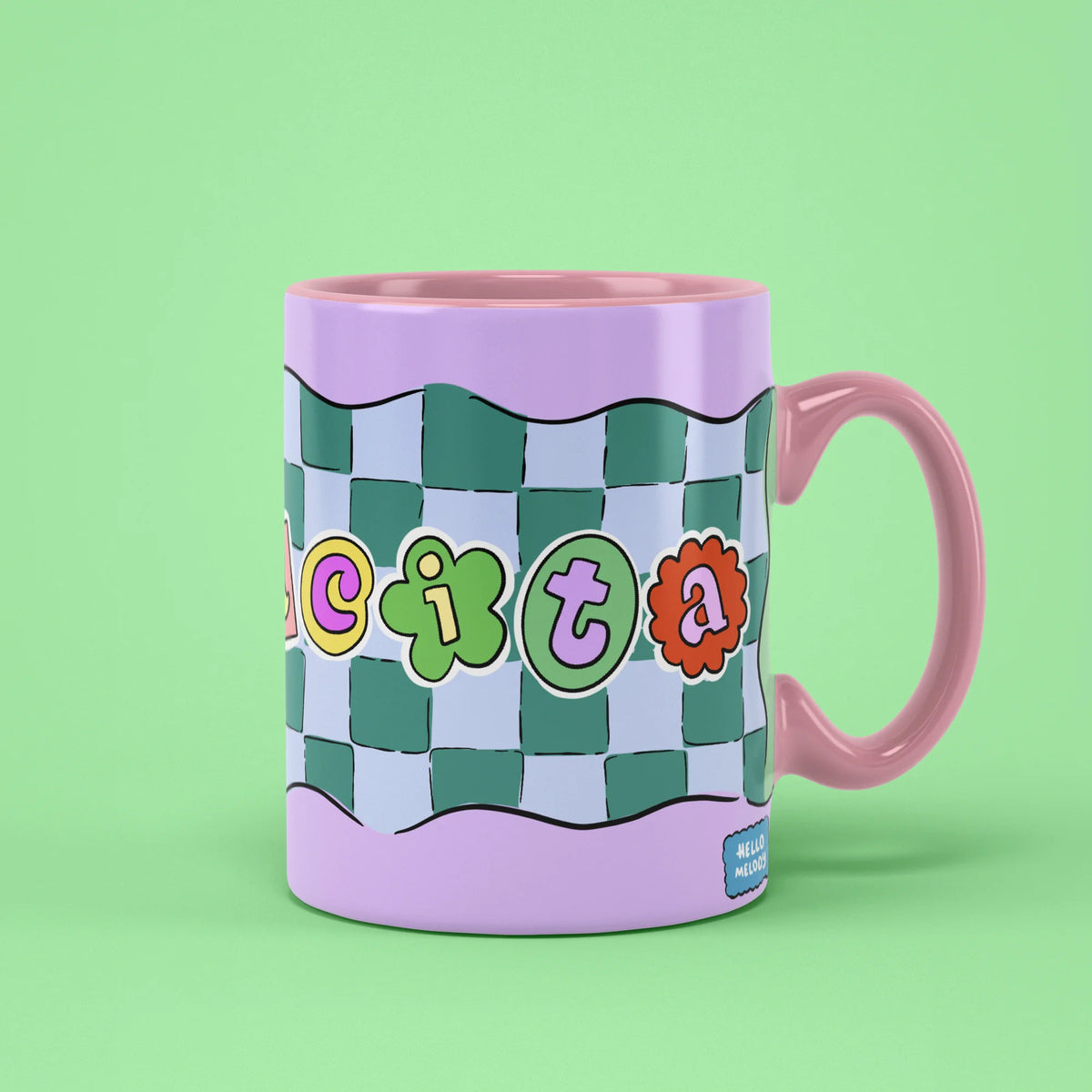 Mamacita Mug with colourful lettering on checked pattern, fun gift for mums