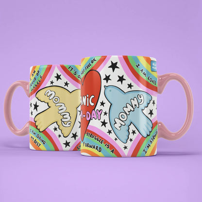 Manic Mum-Day Mug shown from both sides with rainbow design