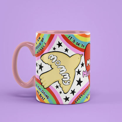 Left view of Manic Mum-Day Mug with mummy bird illustration