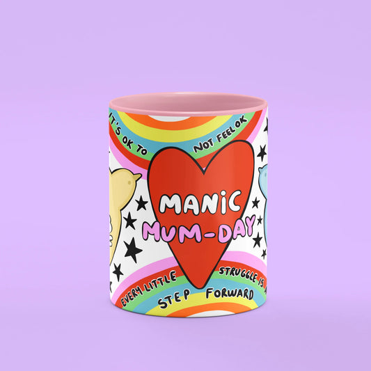 Front view of Manic Mum-Day Mug, a cheering gift for mums