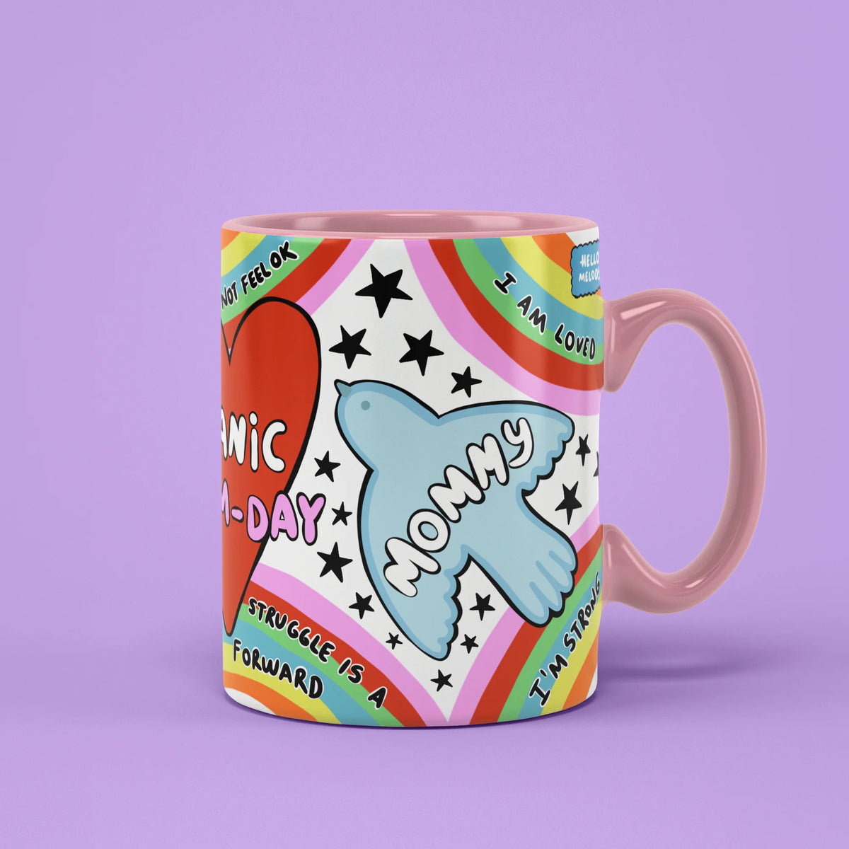 Manic Mum-Day Mug with rainbows and affirmations, fun gift for busy mums