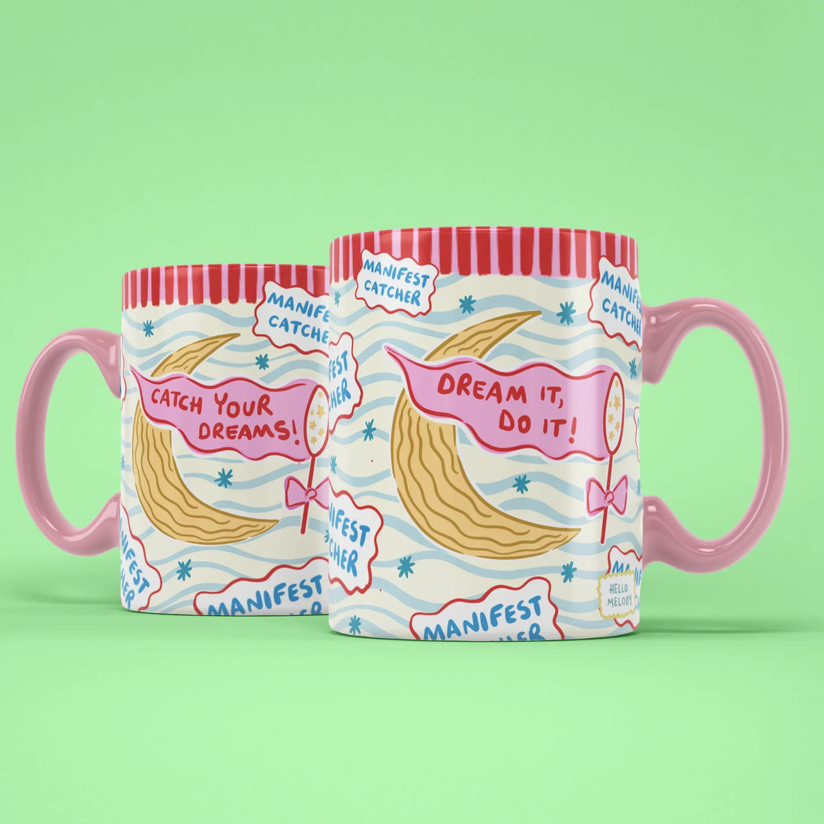 Manifest Catcher Mug – two mugs showing front and back of the dream design