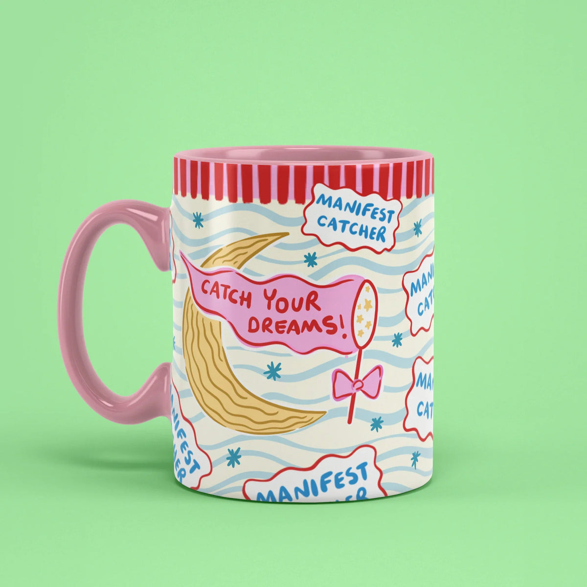Manifest Catcher Mug – dream cup with pink handle on left