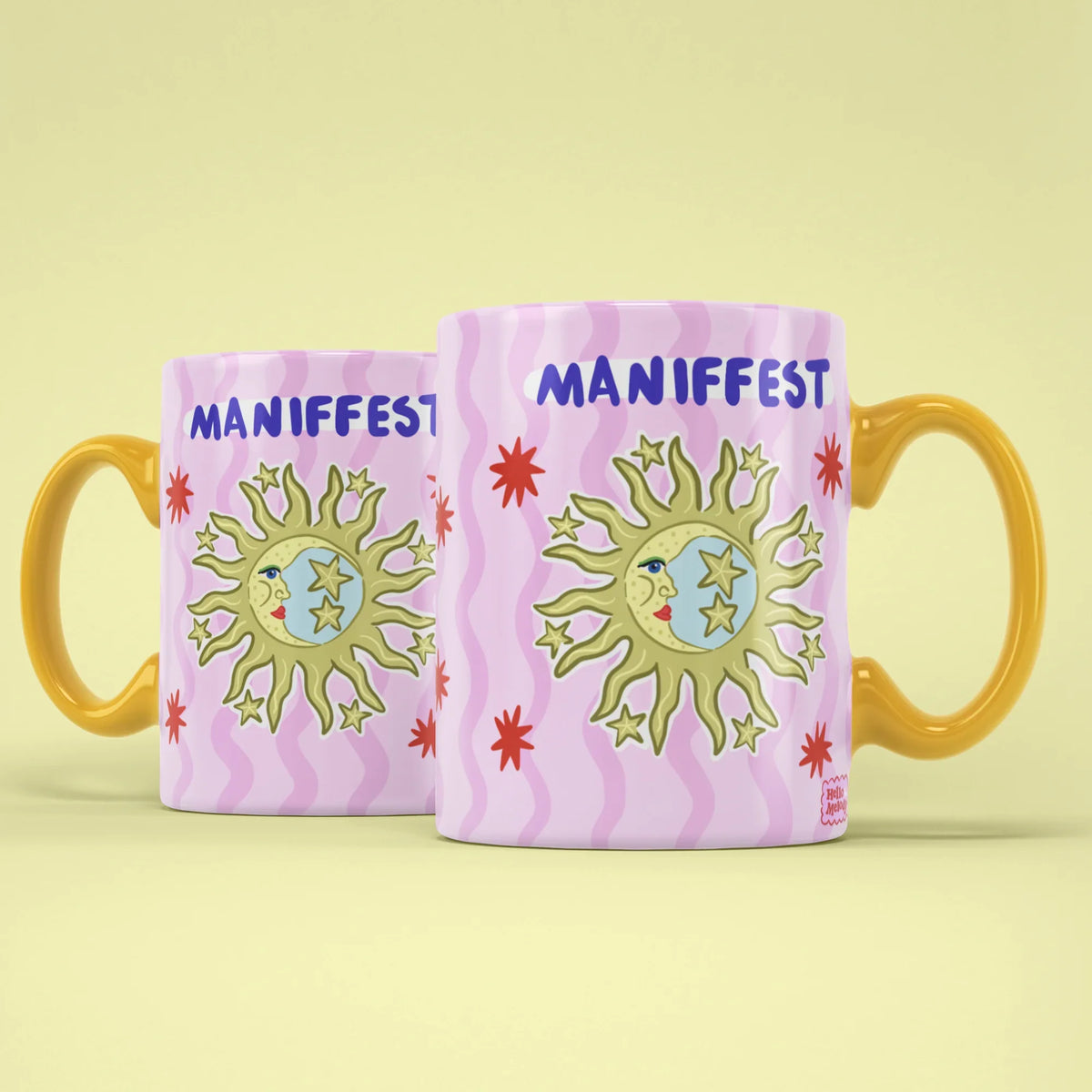 Manifest Mug – two mugs showing front and back of the celestial design
