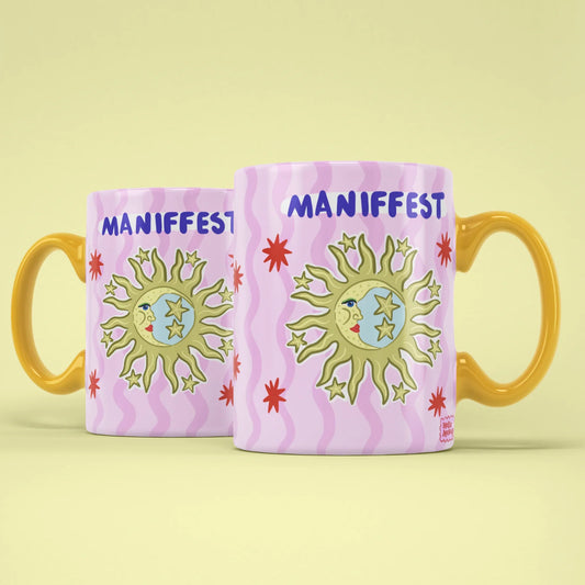 Manifest Mug – two mugs showing front and back of the celestial design