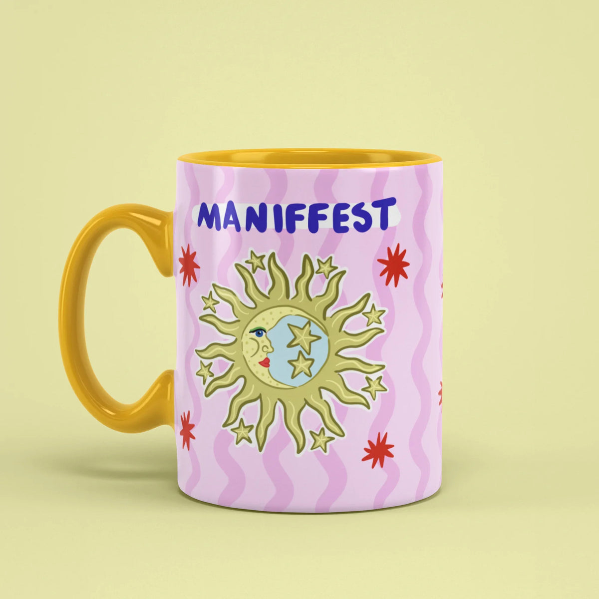 Manifest Mug – celestial cup with yellow handle on left