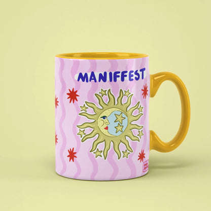 Manifest Mug – celestial sun and stars, yellow handle on right